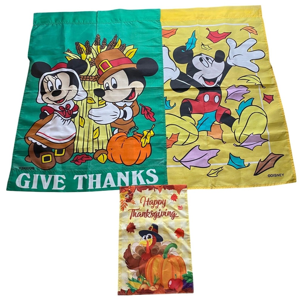 VINTAGE LOT of 3 Disney Mickey Mouse Thanksgiving Garden Flags, Give Thanks Fall
